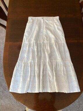 Johnny Was Cielito Linen White Eyelet Tiered Maxi Skirt Size Large